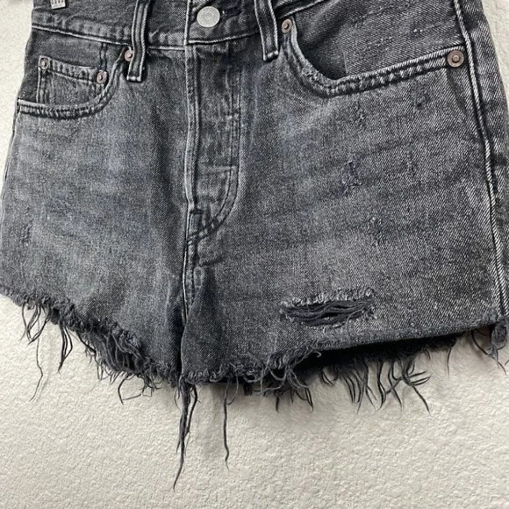 Levis 501 Big E High Rise Cut Off Shorts Washed Trashed Black Sz 26
